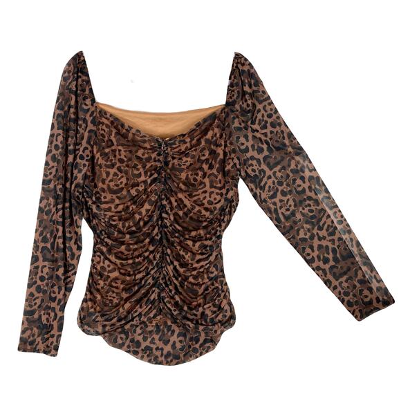 NWOT VENUS Blouse 1X Brown Animal Print Square Neck Ruched Long Sleeve Lined Zip - Picture 3 of 13